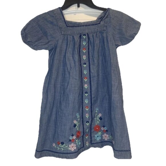 J Crew Crewcuts Girls Blue Chambray Puff Sleeve Embroidered Floral Dress Sz 8 - Picture 1 of 10